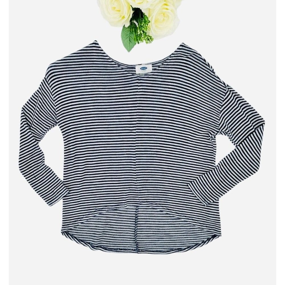 Old Navy Tunic Sweater Girls Size Med (8) Navy White Stripe Hi Lo Hem Semi-Sheer
